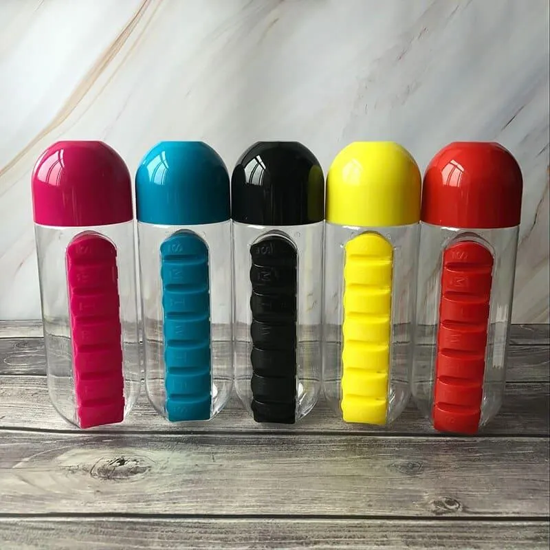 600ml Plastic Water Bottle with Daily Pill Organizer