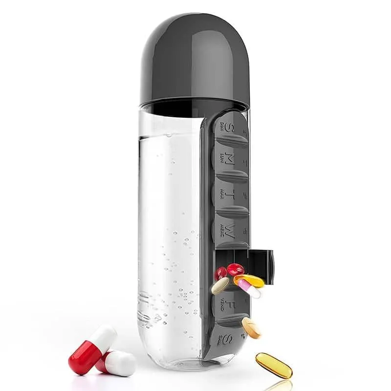 600ml Plastic Water Bottle with Daily Pill Organizer