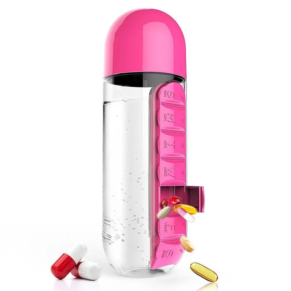 600ml Plastic Water Bottle with Daily Pill Organizer