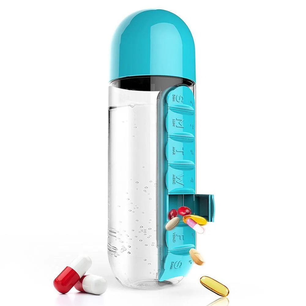 600ml Plastic Water Bottle with Daily Pill Organizer
