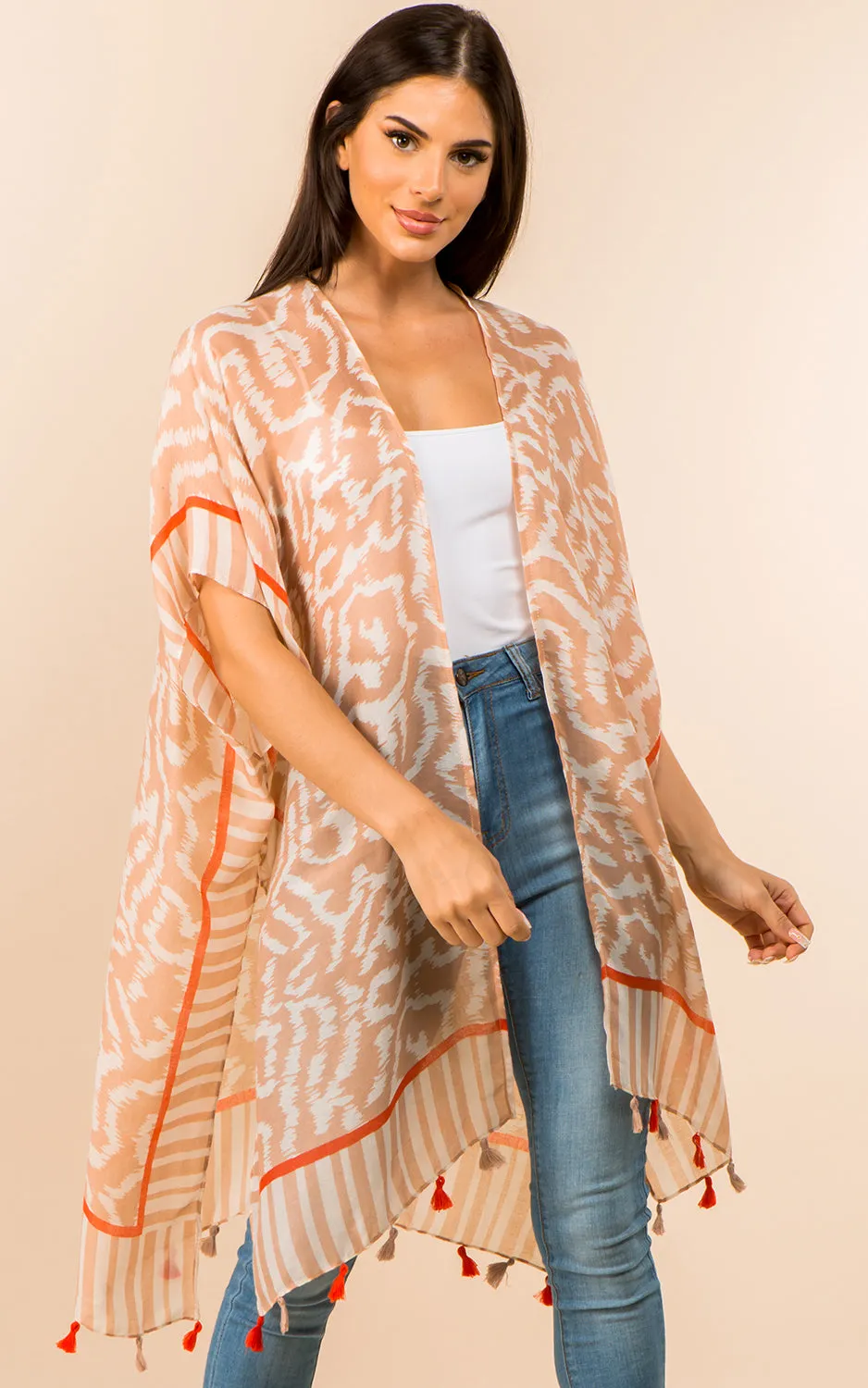 KP3371 Printed Cover Up Kimono w/Tassel