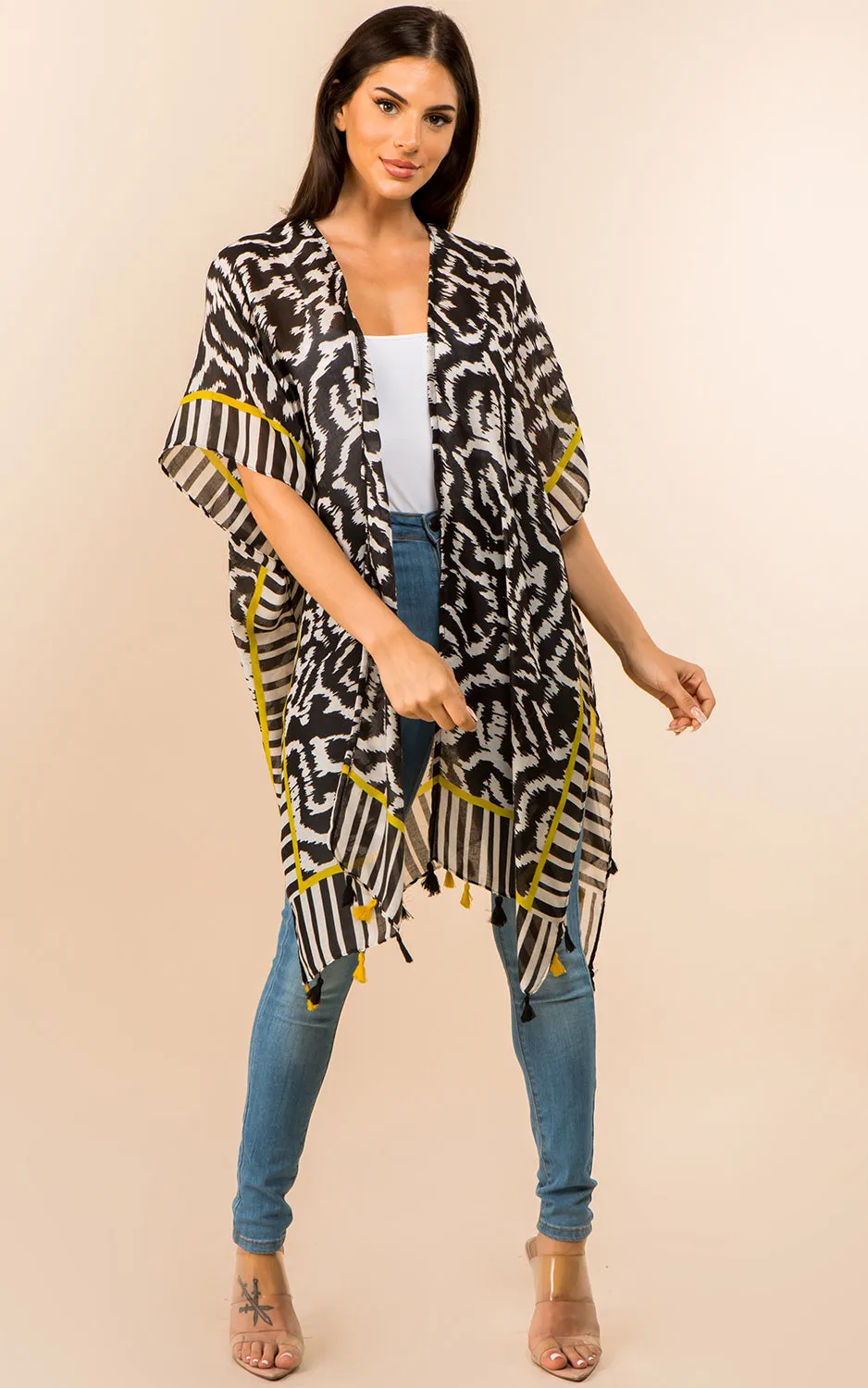 KP3371 Printed Cover Up Kimono w/Tassel