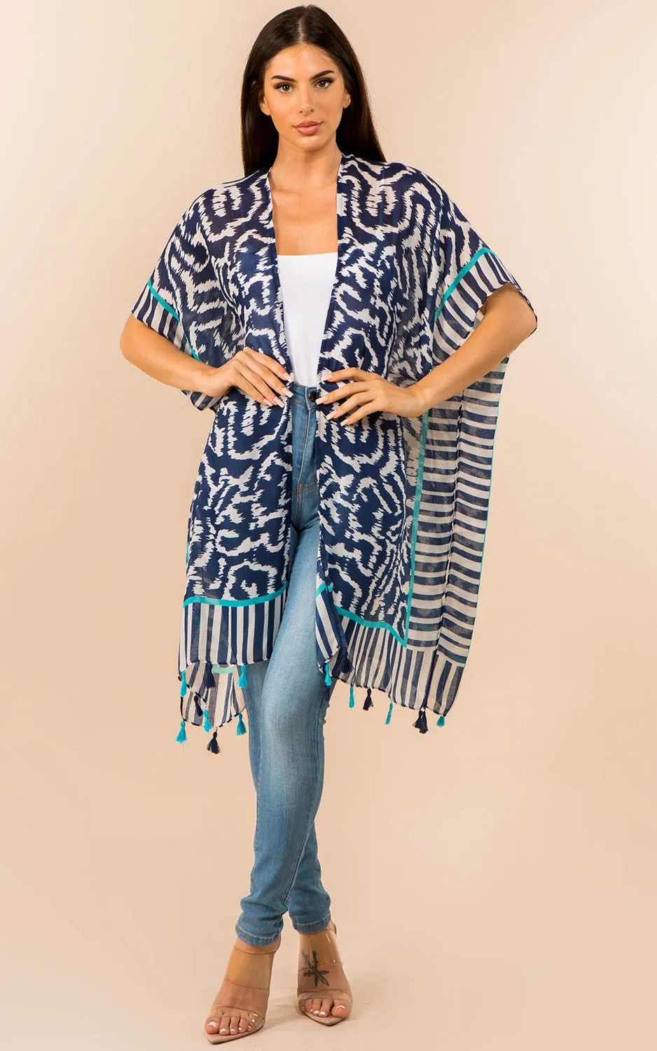 KP3371 Printed Cover Up Kimono w/Tassel