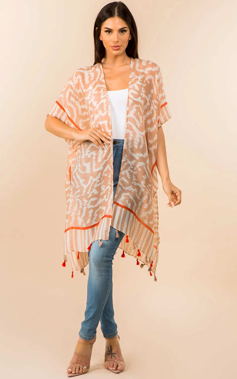 KP3371 Printed Cover Up Kimono w/Tassel