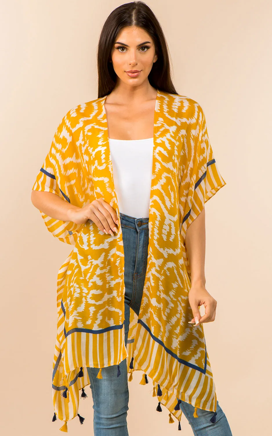 KP3371 Printed Cover Up Kimono w/Tassel