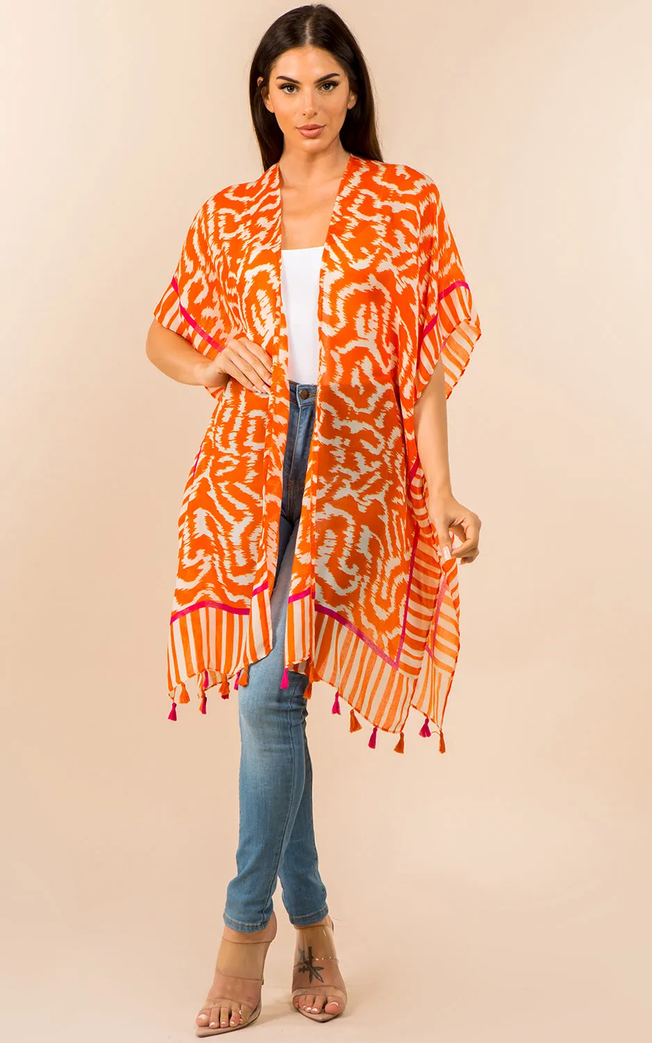 KP3371 Printed Cover Up Kimono w/Tassel