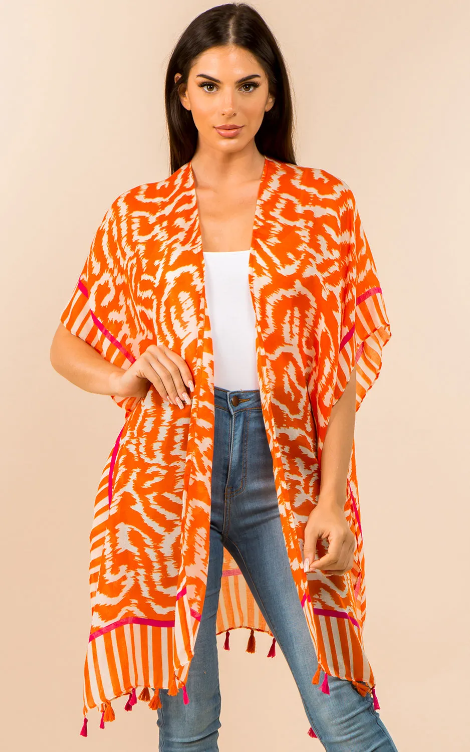 KP3371 Printed Cover Up Kimono w/Tassel