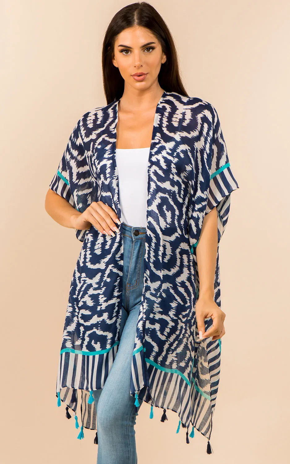 KP3371 Printed Cover Up Kimono w/Tassel