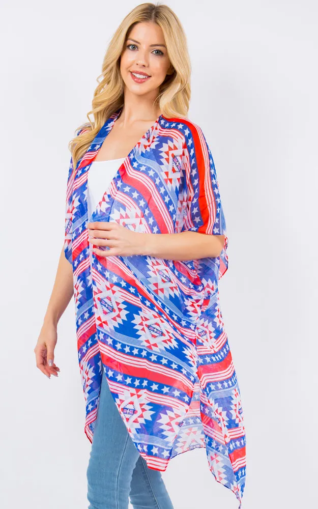 KP4229 American Flag & Tribe Cover-up Kimono