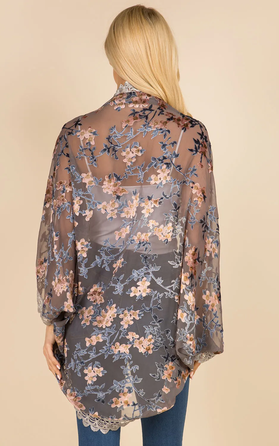 SP3144 Floral Print Kimono w/Lace Border Cover-Up