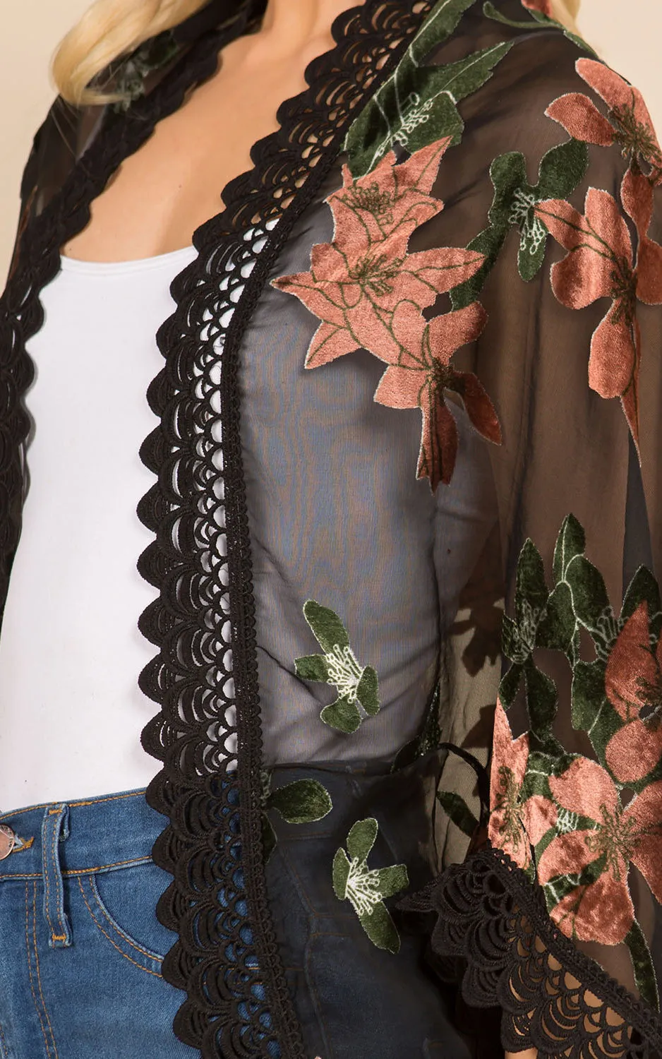 SP3144 Floral Print Kimono w/Lace Border Cover-Up