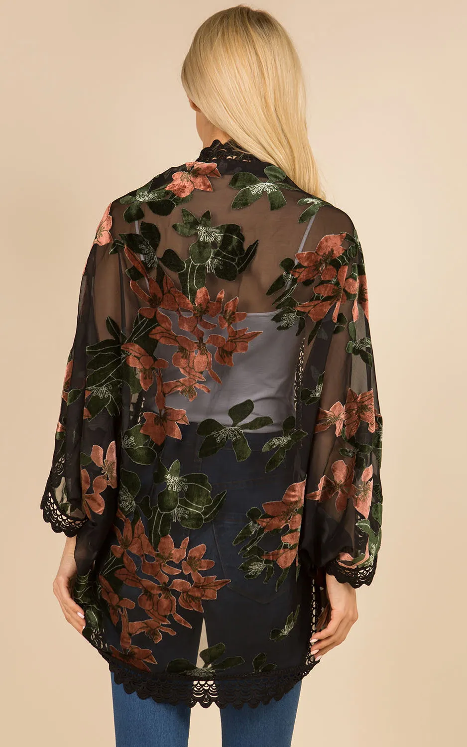 SP3144 Floral Print Kimono w/Lace Border Cover-Up