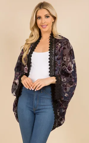 SP3144 Floral Print Kimono w/Lace Border Cover-Up