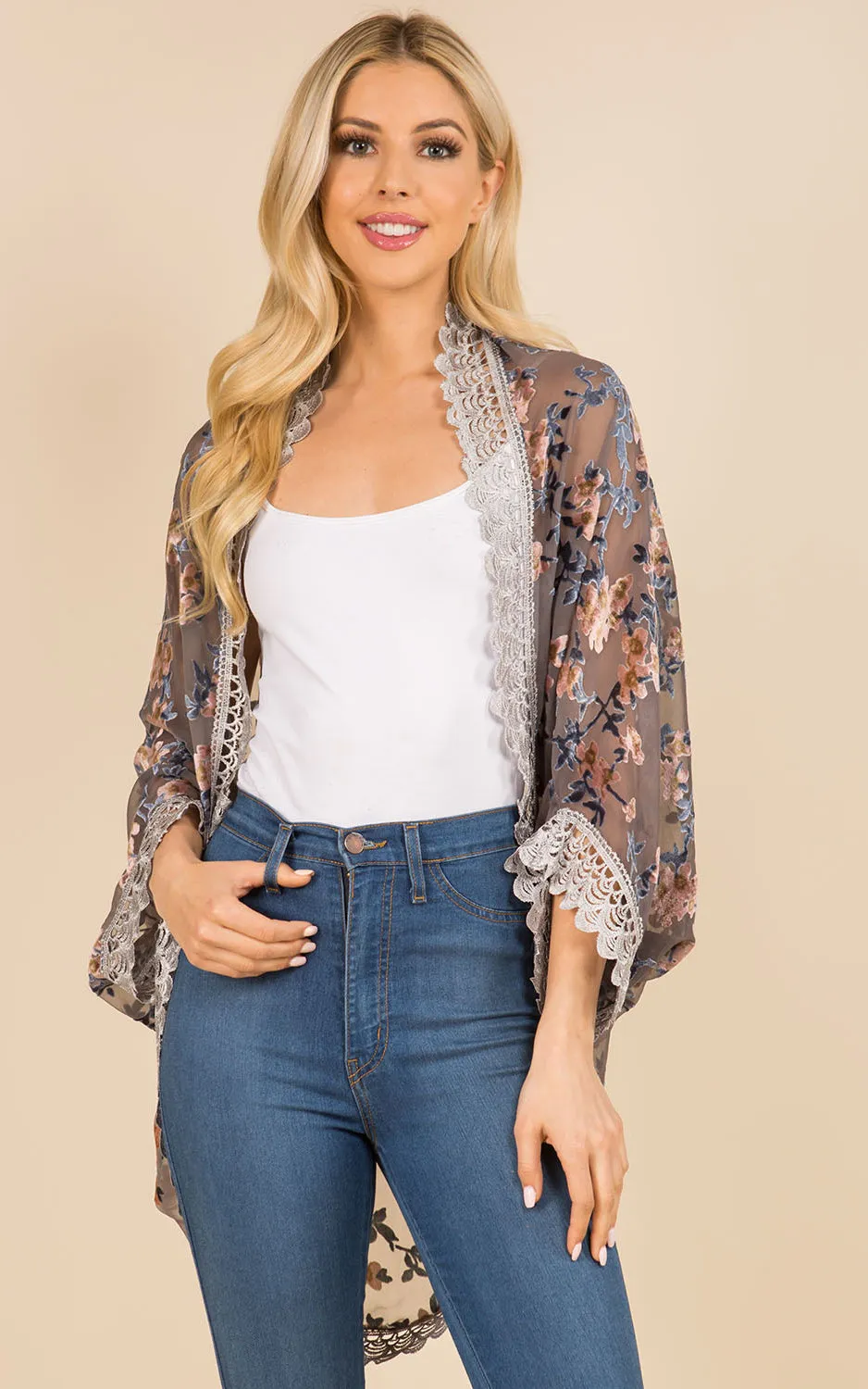 SP3144 Floral Print Kimono w/Lace Border Cover-Up