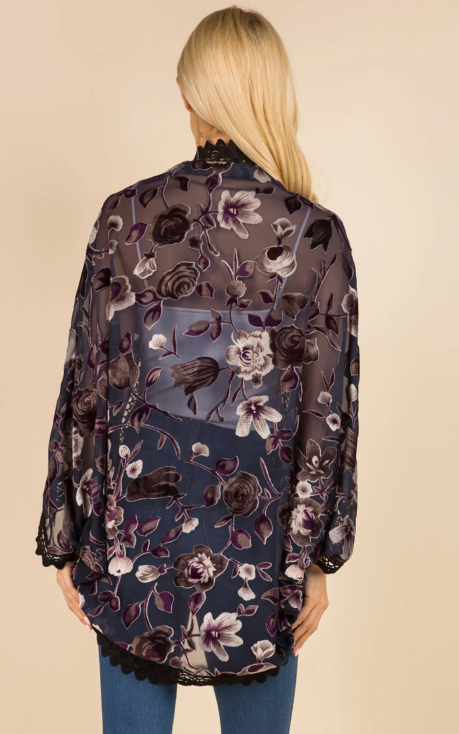 SP3144 Floral Print Kimono w/Lace Border Cover-Up