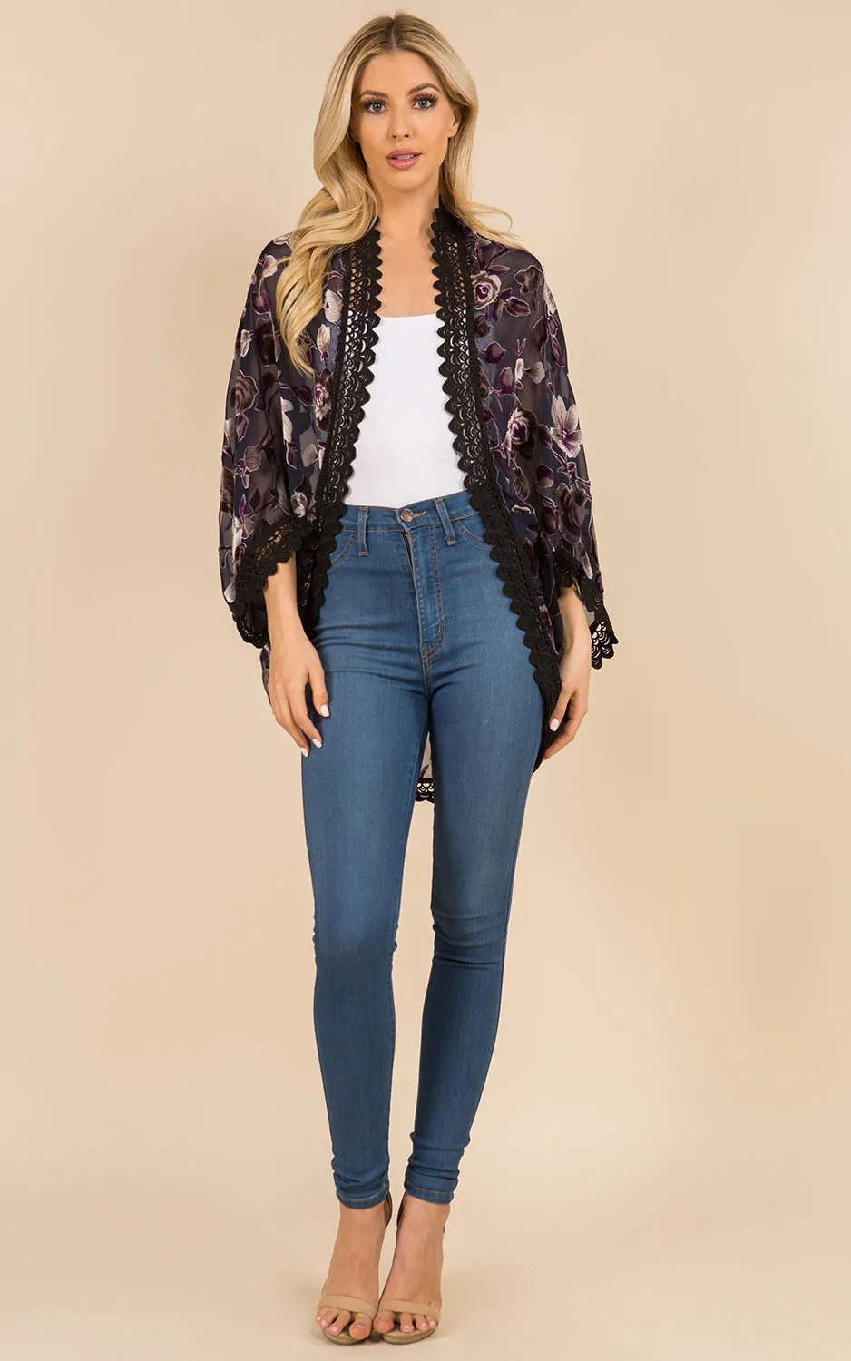 SP3144 Floral Print Kimono w/Lace Border Cover-Up