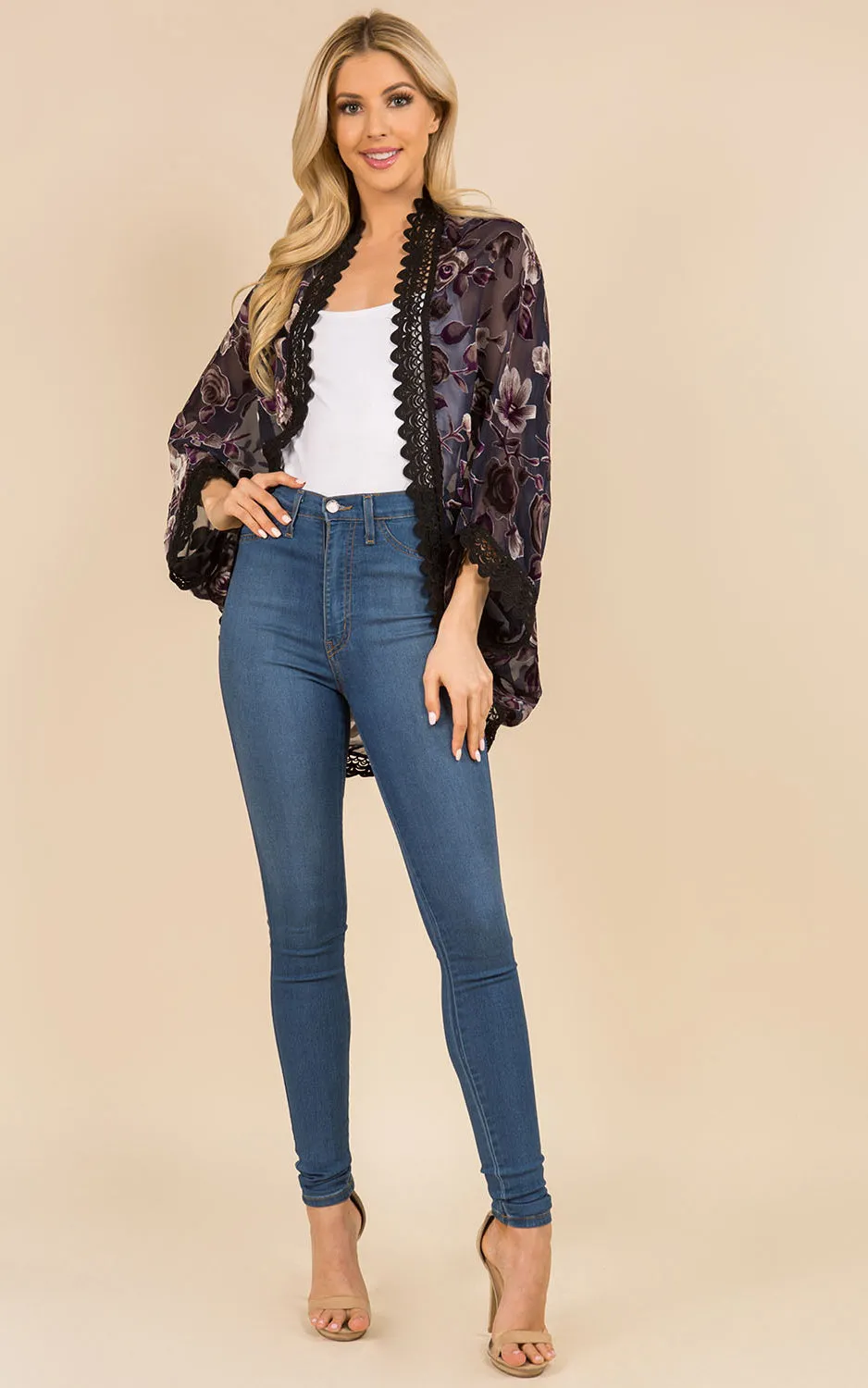 SP3144 Floral Print Kimono w/Lace Border Cover-Up