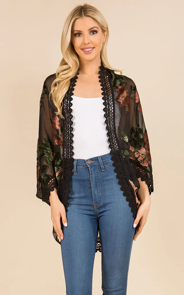 SP3144 Floral Print Kimono w/Lace Border Cover-Up