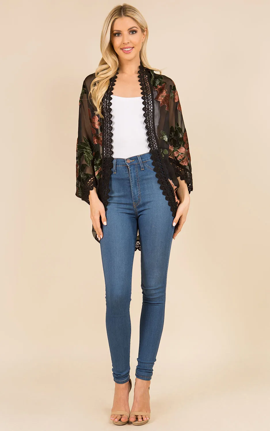 SP3144 Floral Print Kimono w/Lace Border Cover-Up
