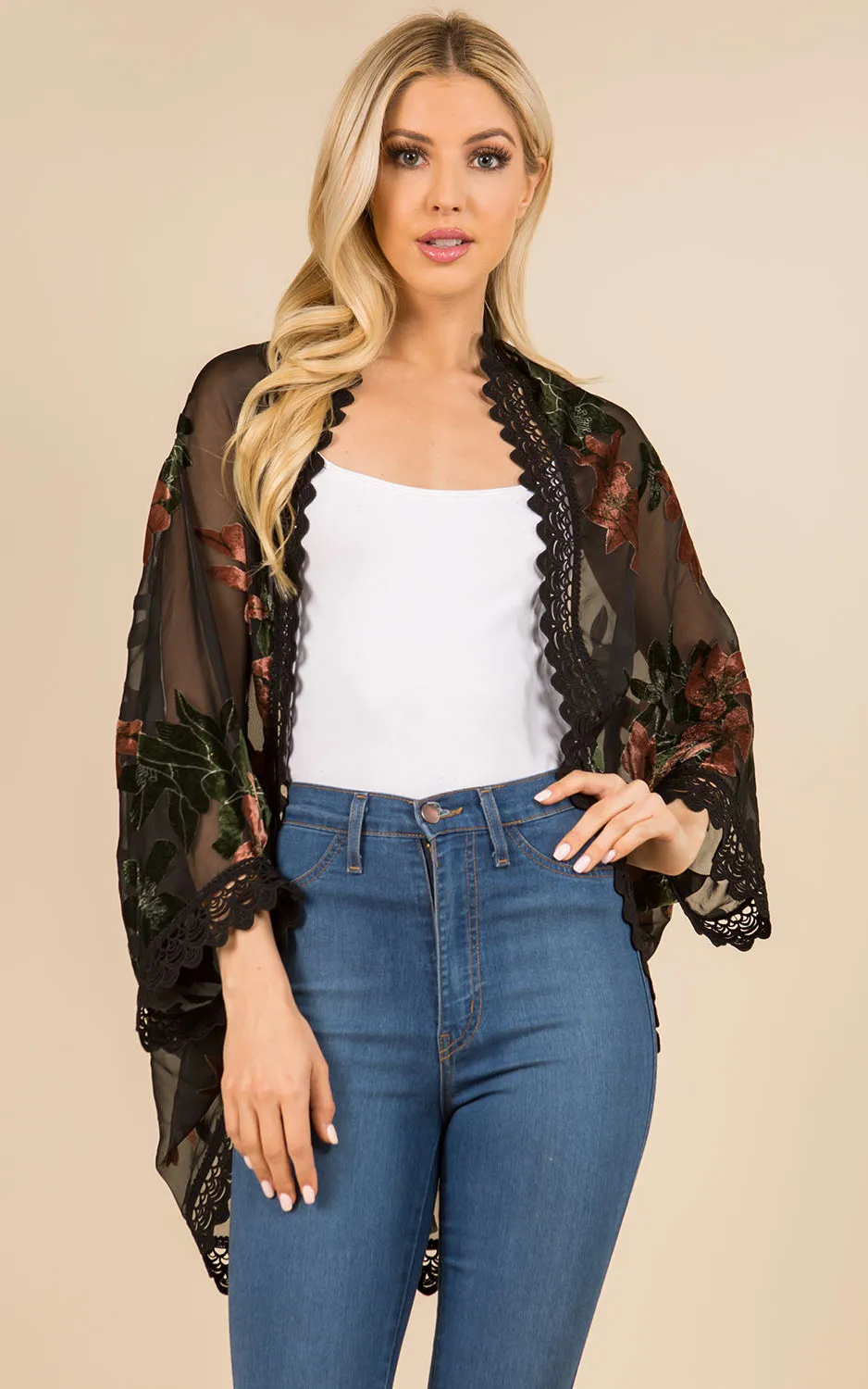 SP3144 Floral Print Kimono w/Lace Border Cover-Up