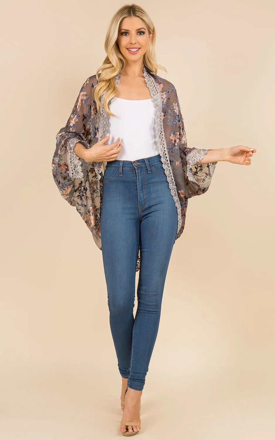 SP3144 Floral Print Kimono w/Lace Border Cover-Up