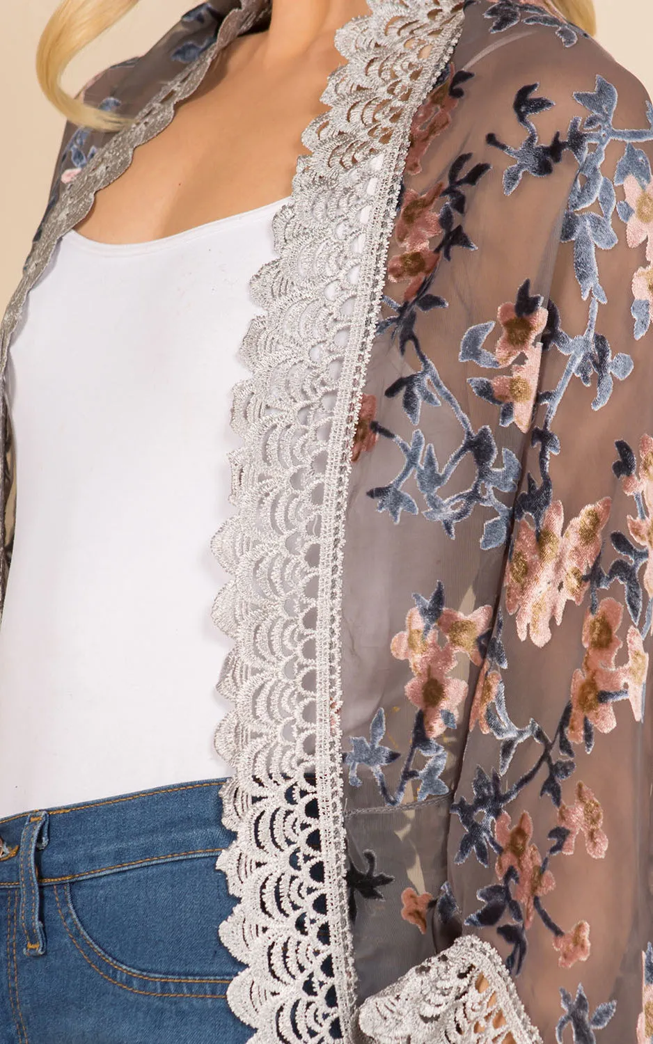 SP3144 Floral Print Kimono w/Lace Border Cover-Up